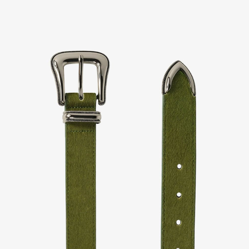 Green belt with silver buckle on a white background
