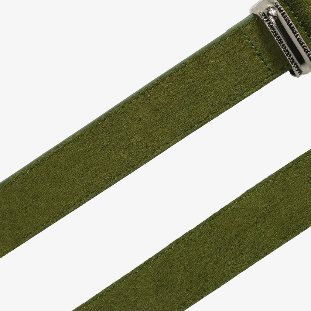 Green belt with a silver buckle on a white background