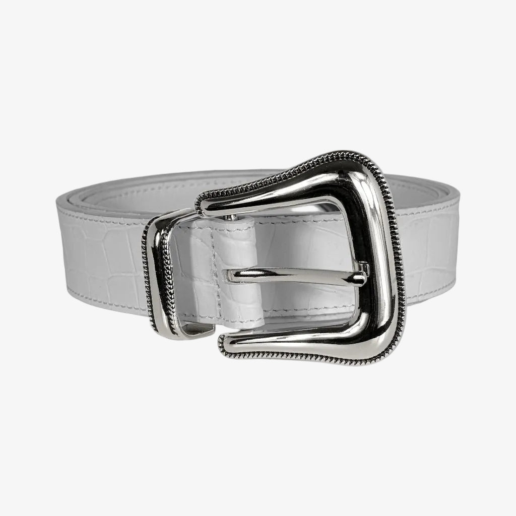White croc embossed leather belt Away FL Product Shot
