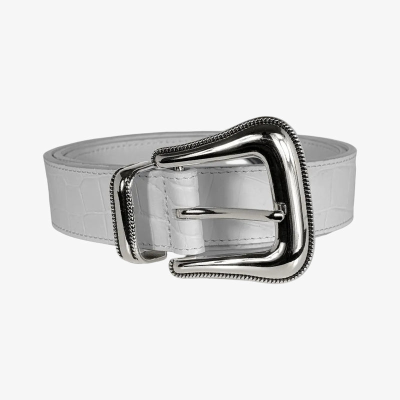 White croc embossed leather belt Away FL Product Shot