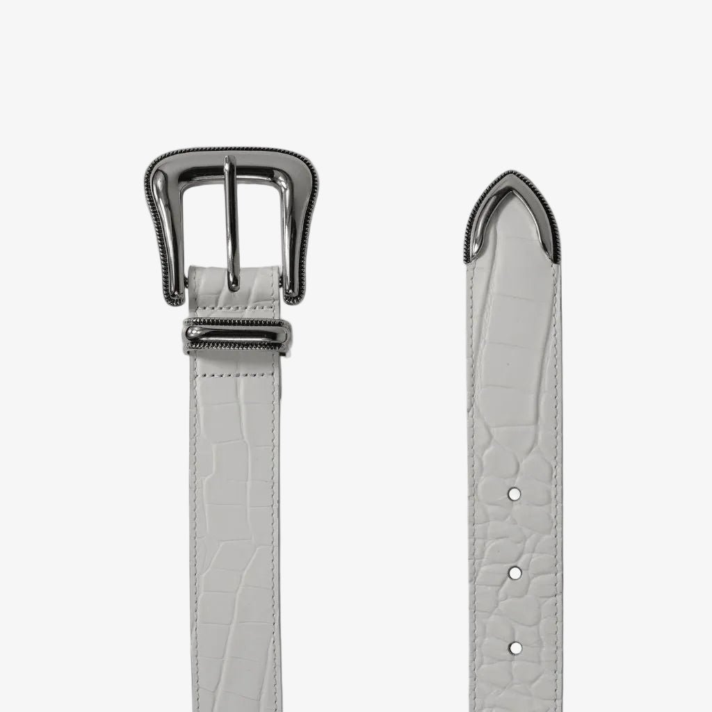 White croc embossed leather belt Away FL flat lay