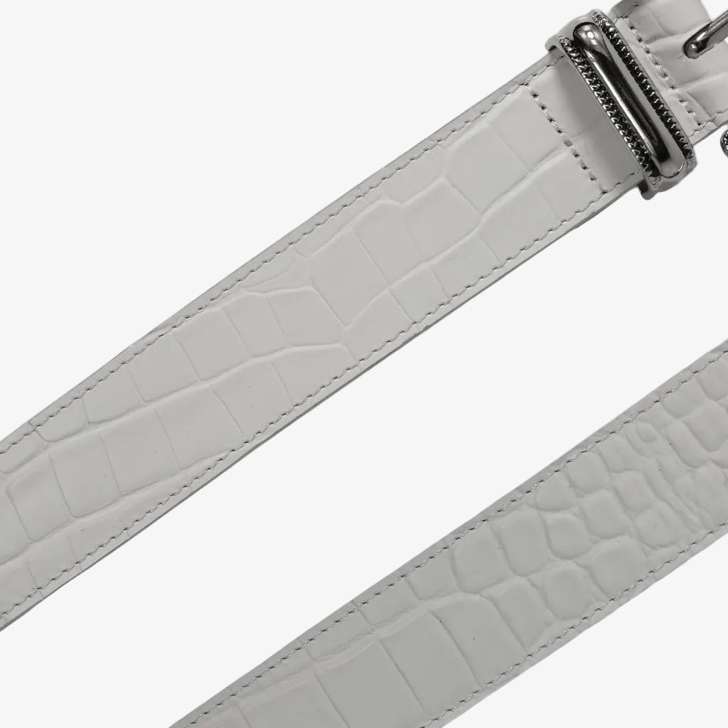 Away FL white croc leather belt buckle silver hardware close upi