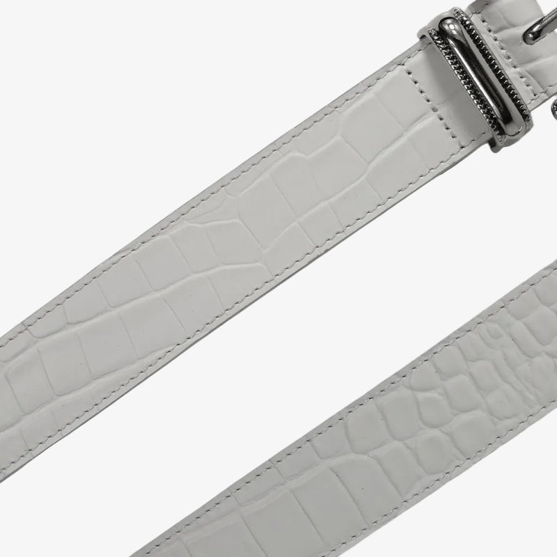 Away FL white croc leather belt buckle silver hardware close upi