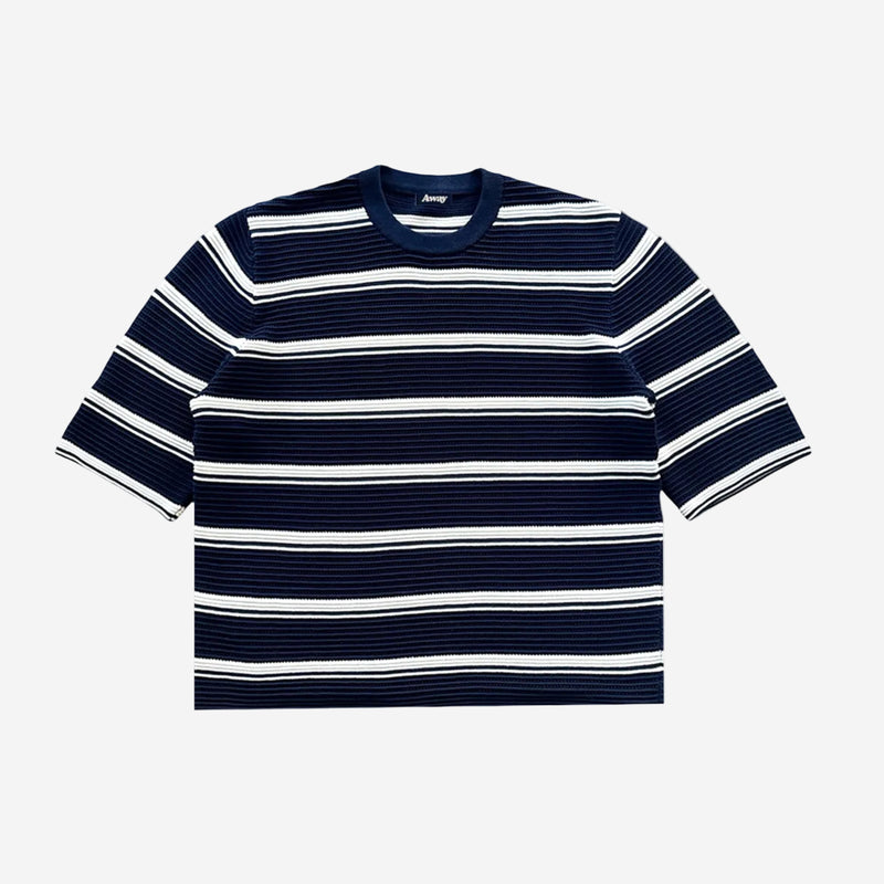 A short-sleeve crewneck t-shirt with horizontal navy blue and white stripes, laid flat against a light gray background.