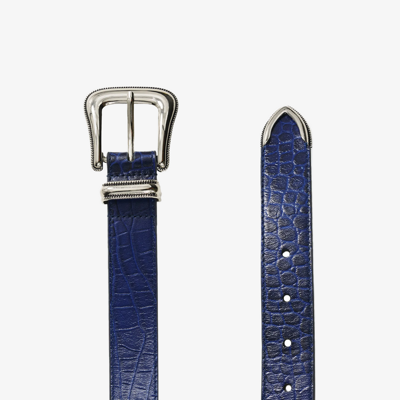 Blue textured leather belt with silver buckle on a white background