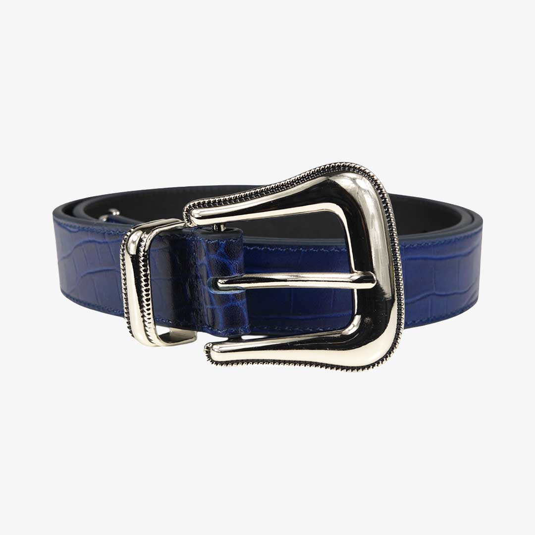 Blue croc embossed leather belt with a silver buckle on a white background