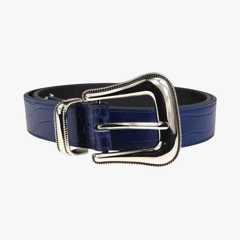 Blue croc embossed leather belt with a silver buckle on a white background