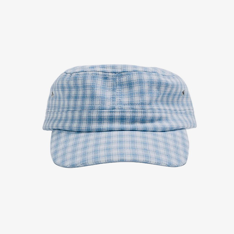 A light blue and white plaid military-style cap shown from the front on a plain white background.