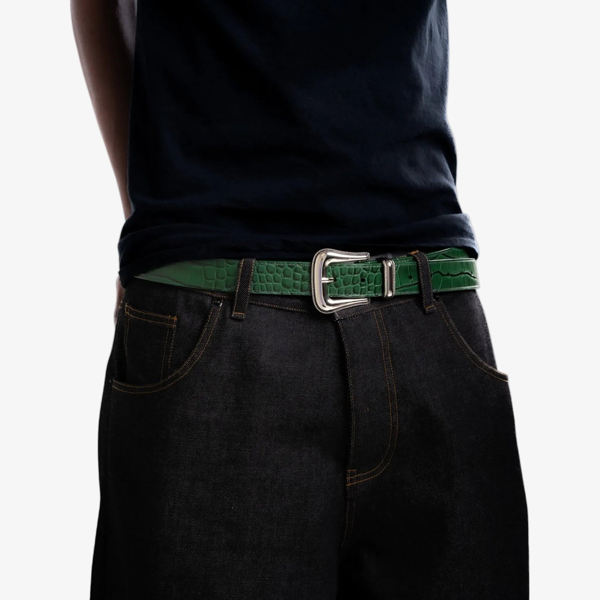 Premium green croc leather belt side profile view
