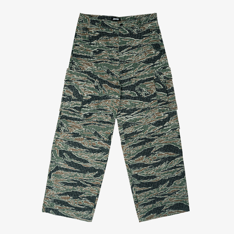A pair of wide-leg trousers featuring a tiger stripe camouflage pattern in green, black, and brown, laid flat against a light gray background.