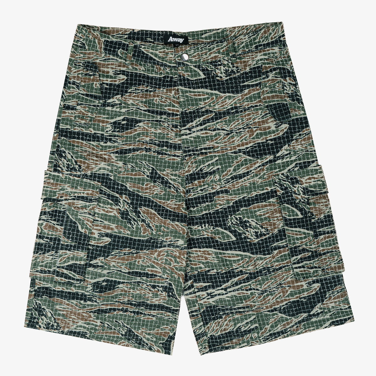 A pair of cargo shorts featuring a tiger stripe camouflage pattern in green, brown, and black, laid flat against a light gray background.