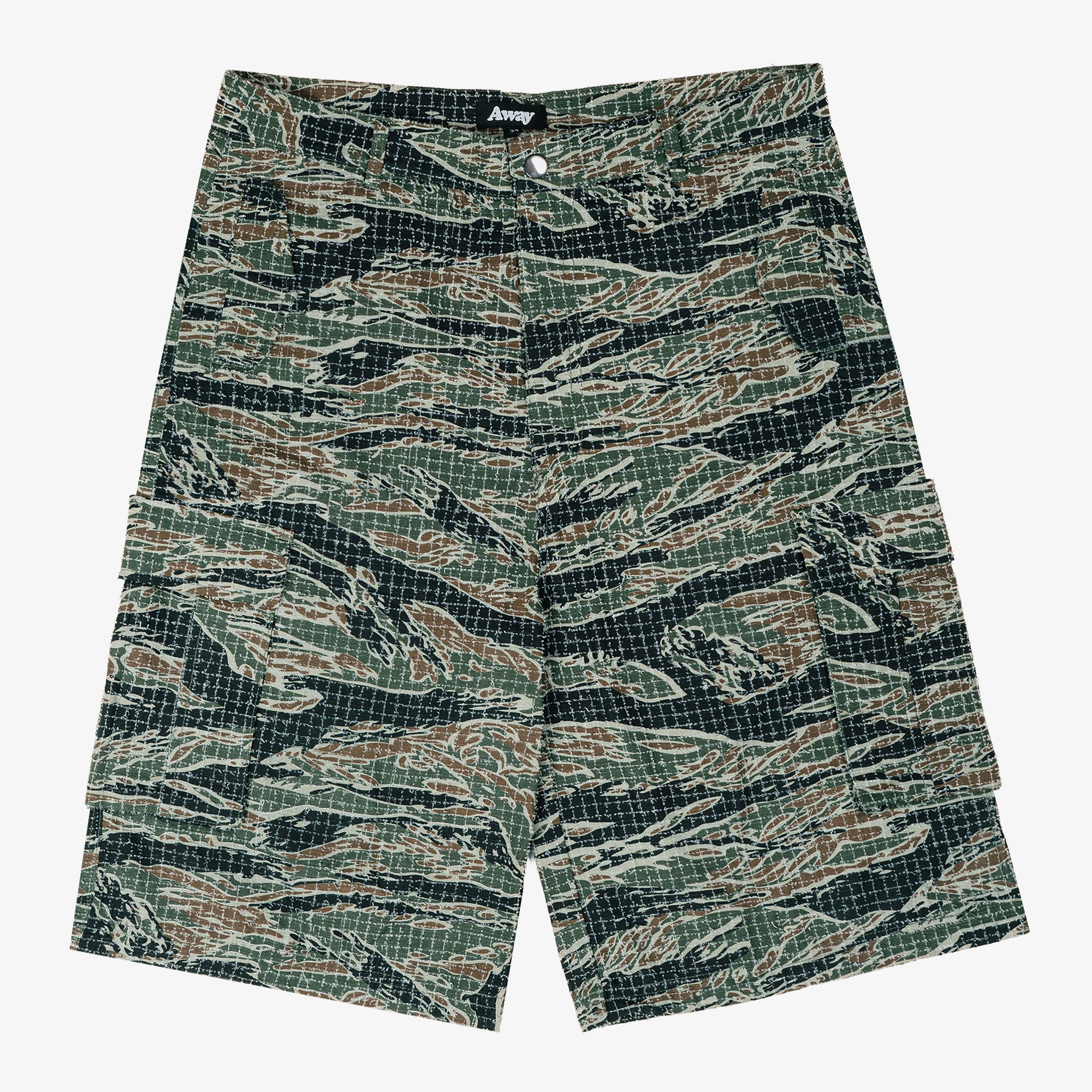 A pair of cargo shorts featuring a tiger stripe camouflage pattern in green, brown, and black, laid flat against a light gray background.
