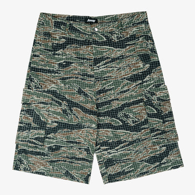 A pair of cargo shorts featuring a tiger stripe camouflage pattern in green, brown, and black, laid flat against a light gray background.