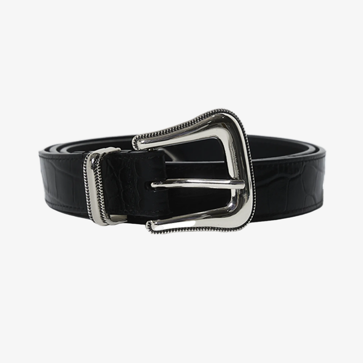 Black croc embossed leather belt with a silver buckle on a white background