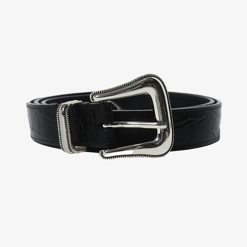 Black croc embossed leather belt with a silver buckle on a white background