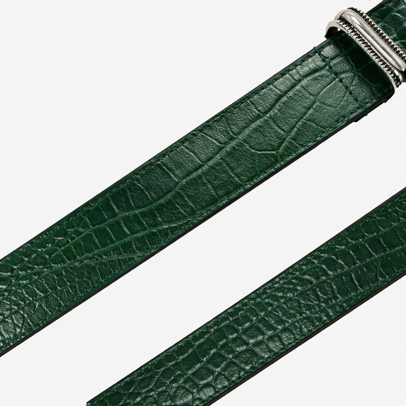 Away FL green croc leather belt buckle silver hardware close up