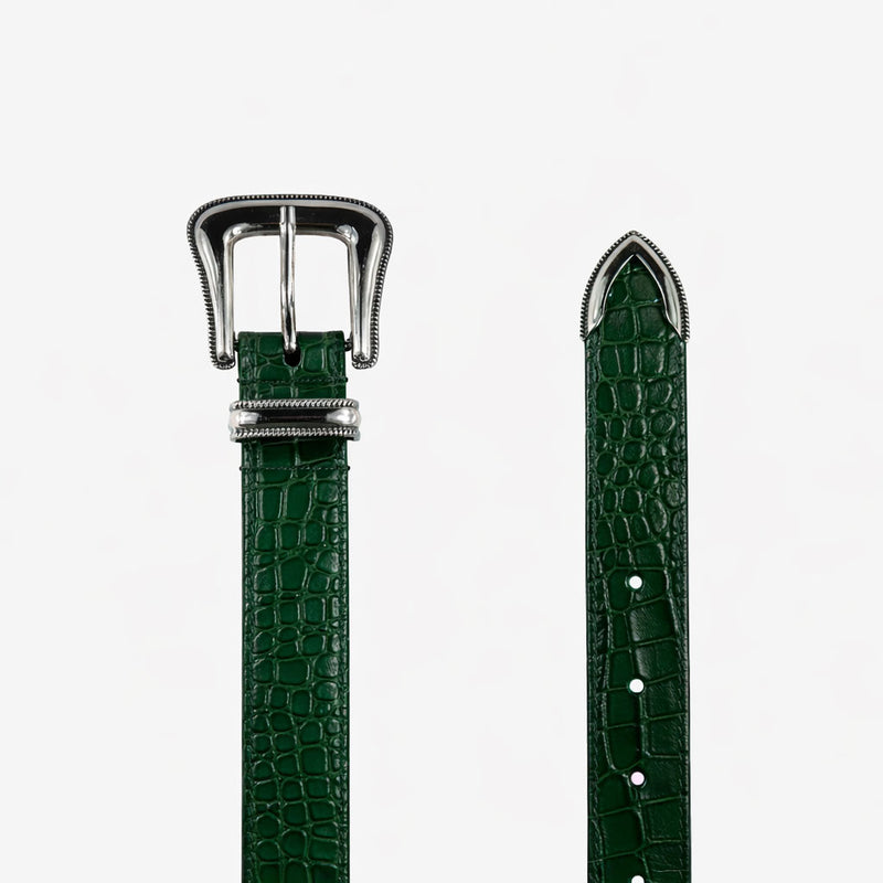 Green croc embossed leather belt Away FL flat lay