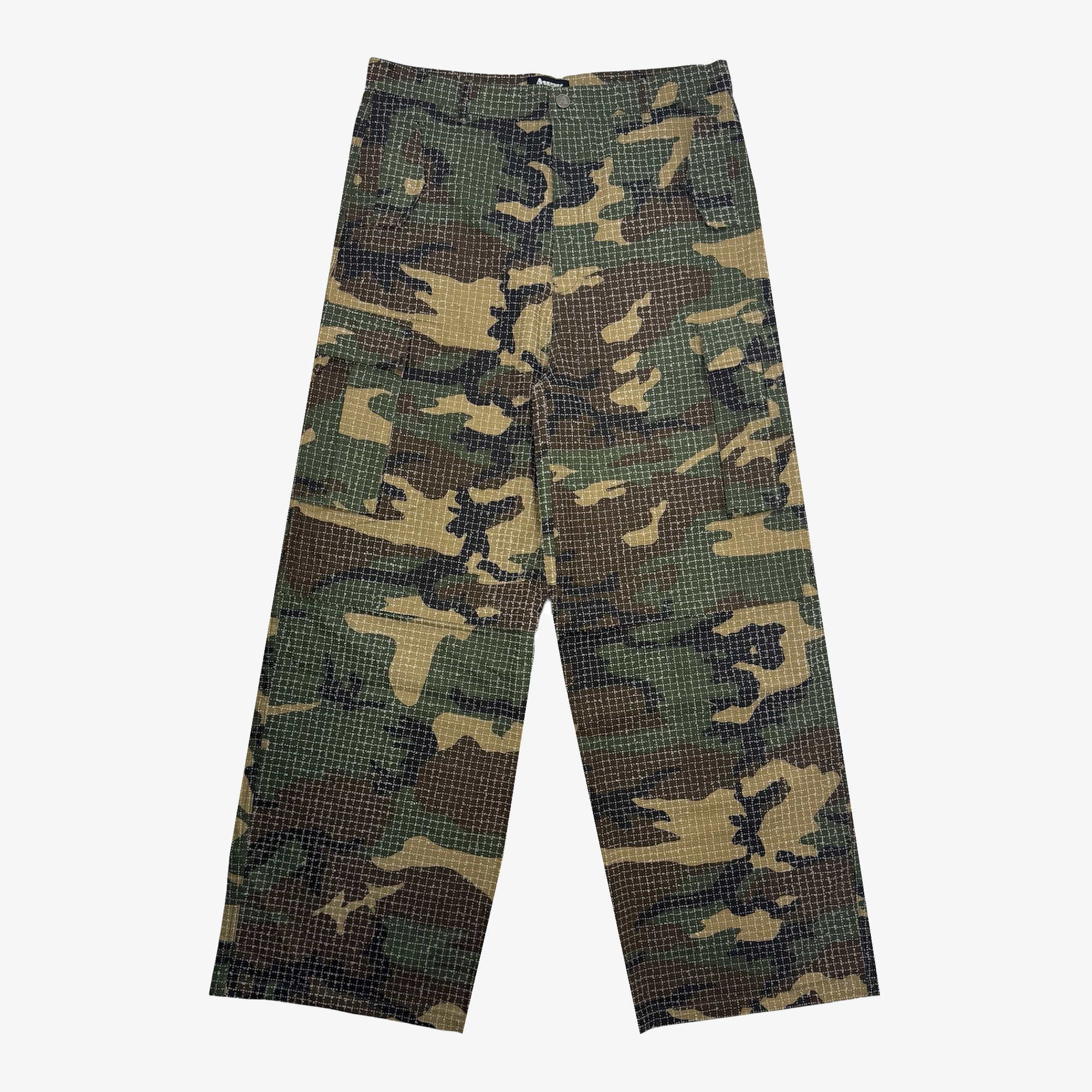 A pair of camouflage pants with a subtle grid or checkered texture, shown flat against a light gray background.