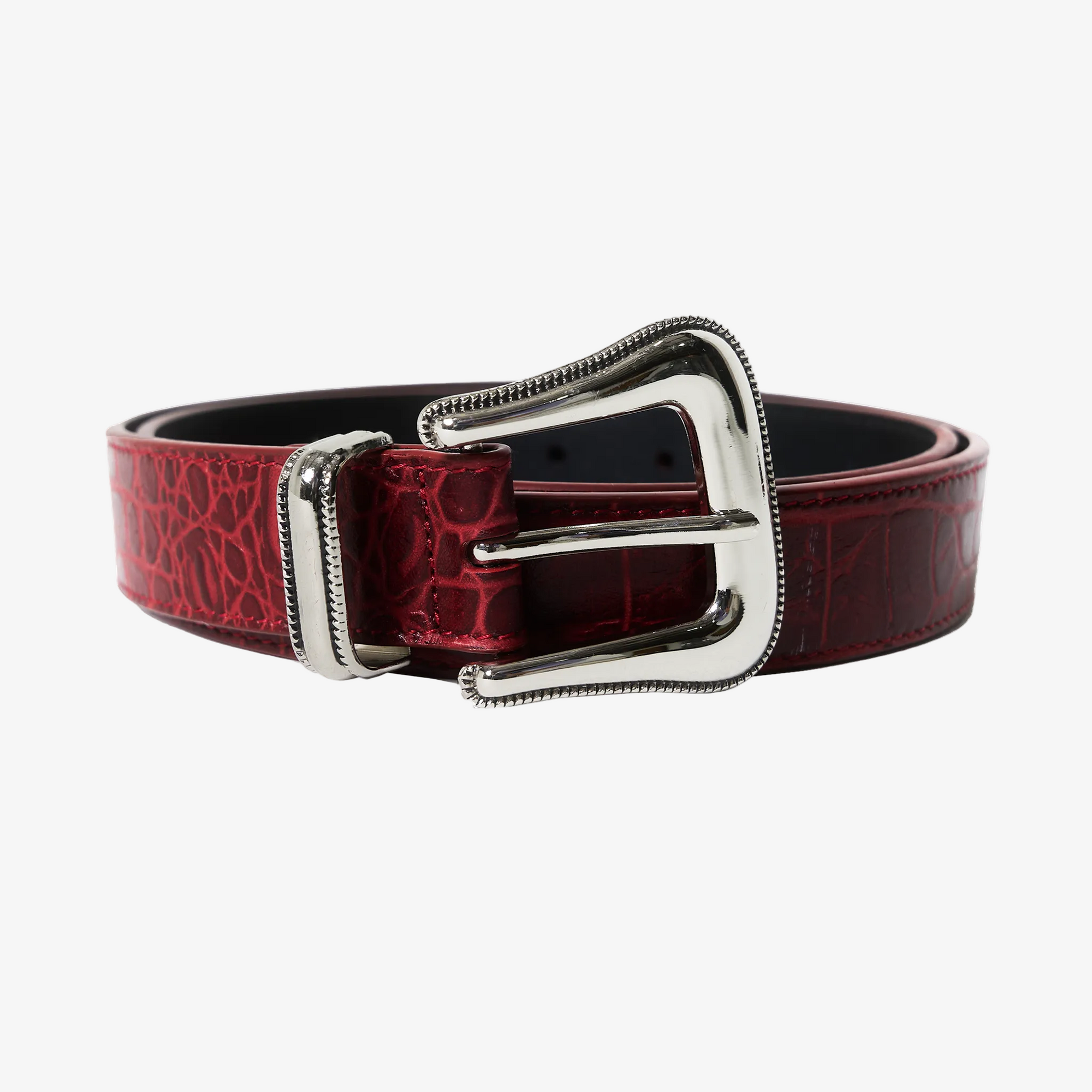 Red leather belt with silver buckle on a white background